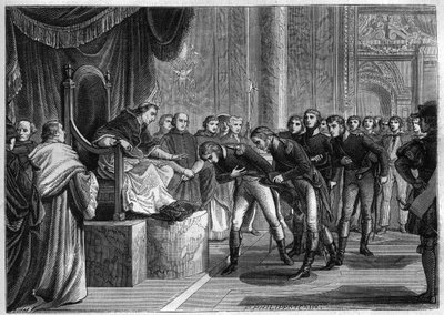 Papst Pius VII. (1742-1823) empfängt in Rom die französischen Seeleute der beiden Schiffe „Saint Peter“ und „Saint Paul“, die Bonaparte dem Papst im August 1802 geschenkt hat - Gravur von 1865 in „Histoire du Consulat et de l