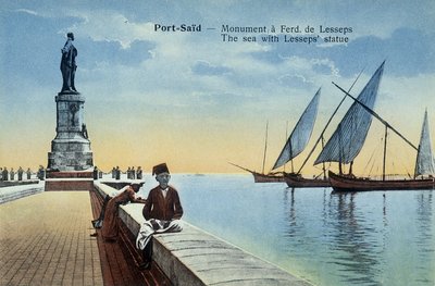 Postkarte von Port Said. Denkmal für Fernand de Lesseps mit Ansichten des Hafens und des Meeres. Um 1900 (Postkarte) von French School