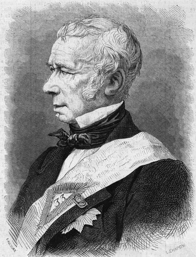 Porträt von Jean Pons Guillaume Viennet (1777-1868), französischer Politiker, Dichter und Dramatiker, Mitglied der Académie Française. Gravur in „Le Monde Illustré“ Nr. 586 vom 4. Juli 1868. von French School