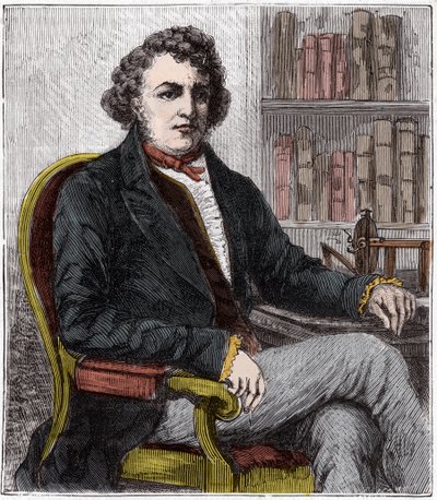 Porträt von Andre Marie Ampere (1775-1836) französischer Physiker - Andre-Marie Ampere (1775-1836), französischer Physiker und Pionier der Elektrodynamik - Gravur in "Wissenschaften für alle zugänglich gemacht - Physik und Chemie" von Alexis Clerc - Ende d von French School