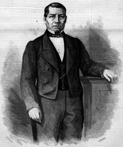 Porträt von Benito Pablo Juarez Garcia, mexikanischer Politiker. Gravur in „Le Monde Illustré“ Nr. 270 vom 14. Juni 1862 von French School