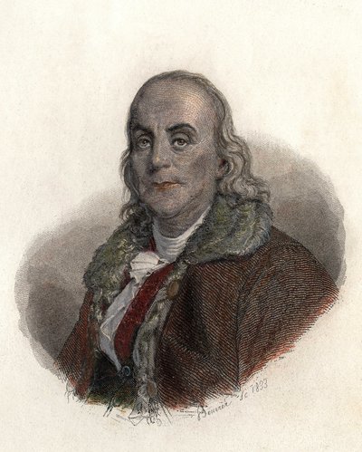 Porträt von Benjamin Franklin (1706-1790), amerikanischer Physiker, Philosoph und Politiker. in „Porträts der nützlichen Männer“. von French School