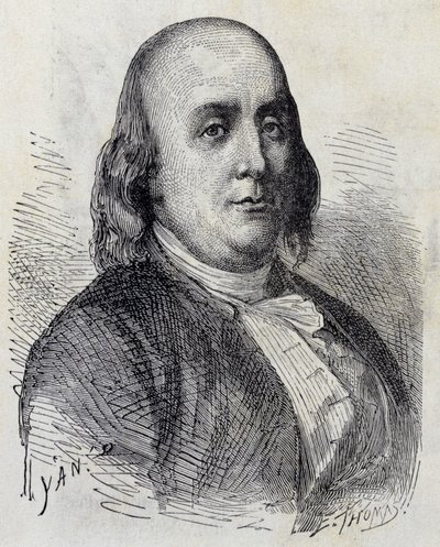 Porträt von Benjamin Franklin (1706 - 1790), amerikanischer Politiker, Memorialist, Pamphletist und Physiker - im „Album der Wissenschaft; berühmte Gelehrte; Große Entdeckungen“ 1896. von French School
