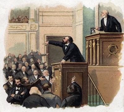 Porträt von Leon Gambetta (1838 - 1882) in der Galerie. Chromolithographie (Chromo) aus dem frühen 20. Jahrhundert von French School