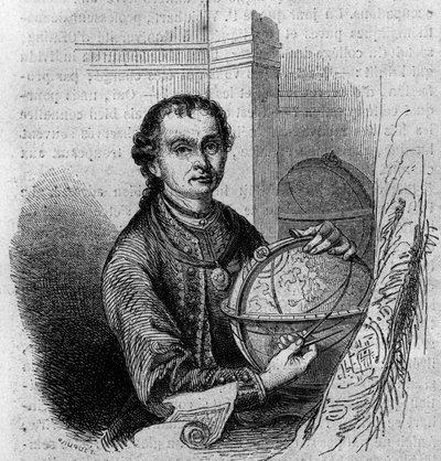 Porträt von Peter Anich (1723-1766), Tiroler Astronom und Kartograph, hält einen Globus und einen Kompass. Gravur in „Le Magasin pittoresque“ von French School