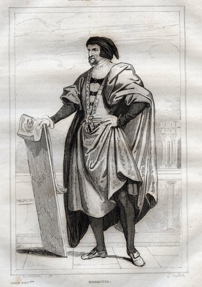 Porträt des italienischen Malers Masaccio (Tommaso di Giovanni Cassai) (1401-1428) - Gravur aus „Italy Picturesque - Historische und beschreibende Malerei Italiens“ von M. de Norvins, Ch. Nodier 1834-1836 von French School