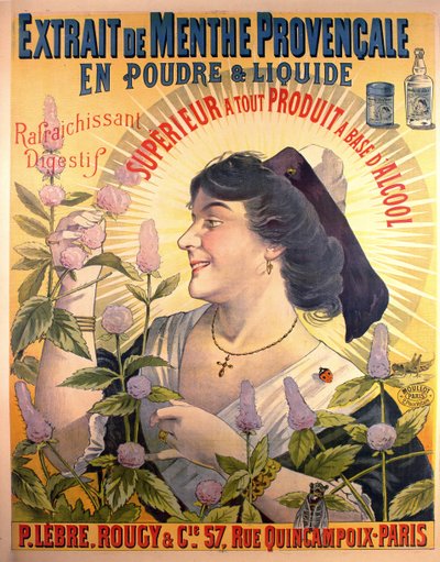 Plakat, das Extrait de Menthe Provencale, französischen Digestif, bewirbt von French School