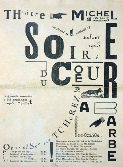 Plakat, das die Soiree du Coeur a Barbe im Theatre Michel bewirbt, 6. und 7. Juli 1923 von French School