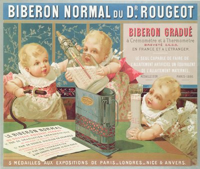 Plakat, das eine von Dr. Rougeot entworfene abgestufte Flasche bewirbt, 1887 von French School