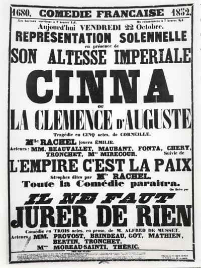 Plakat zur Werbung für eine Aufführung an der Comédie-Française am 22. Oktober 1852 von Corneilles Tragödie Cinna, gefolgt von einem Vortrag des Gedichts L