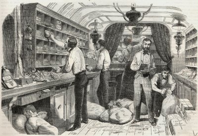 Post: Innenraum des fahrenden Büros - Gravur in „Tableau-de-Paris“ von Edmond Texier 1852 von French School