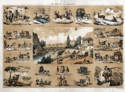 Fortschritt und technische Entwicklung des Transports, eine Tafel, die die Entwicklung der Transportmittel darstellt, im Zentrum eine Bühne, die sich um einen Fluss dreht, der ins Meer mündet, Schlepperei, ein Zug, der über eine Brücke fährt, Boote auf dem von French School