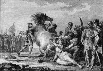 Bestrafung von Brunehaut, 613: Brunehaut oder Brunehilde (543-613), Königin von Austrasien, wird an den Schwanz eines unzähmbaren Pferdes gebunden, bevor sie zu Boden geschleift wird. Gravur des 18. Jahrhunderts. von French School