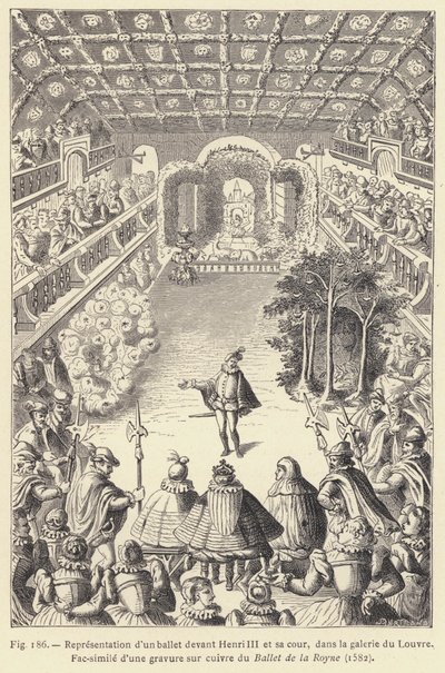 Darstellung eines Balletts vor Heinrich III. und seinem Hof, in der Galerie des Louvre (Stich) von French School
