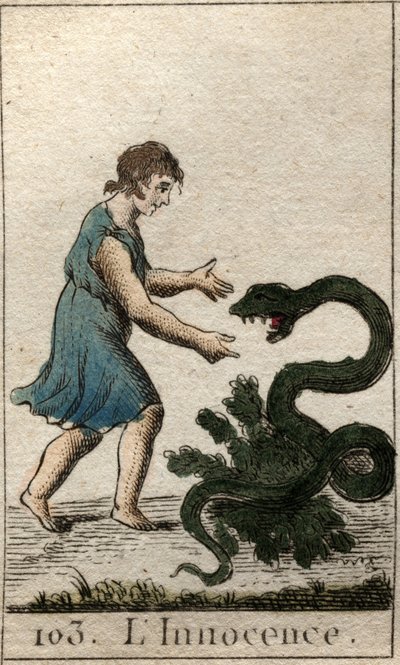Darstellung der Unschuld als Kind, das eine gefährliche Schlange füttert. Aus „Mythologie der Jugend“ von Pierre Blanchard 1803 von French School