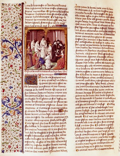 Darstellung von Saint Bernard von Clairvaux (San Bernardo di Chiaravalle) (1090-1153) als Kind. Er ist in der Mitte des Bildes, ein Heiligenschein über seinem Kopf. Miniatur in „Le miroir historial“ (Speculum Historiale) (ms. 1196, fol. 372) von Vincent de von French School