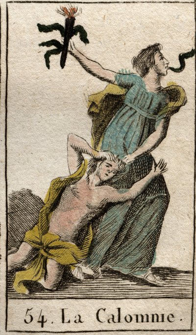 Darstellung der Verleumdung, die ihre Mutter, den Neid, an den Haaren zieht, eine Schlange kommt aus ihrem Mund. Aus „Mythologie der Jugend“ von Pierre Blanchard 1803. von French School