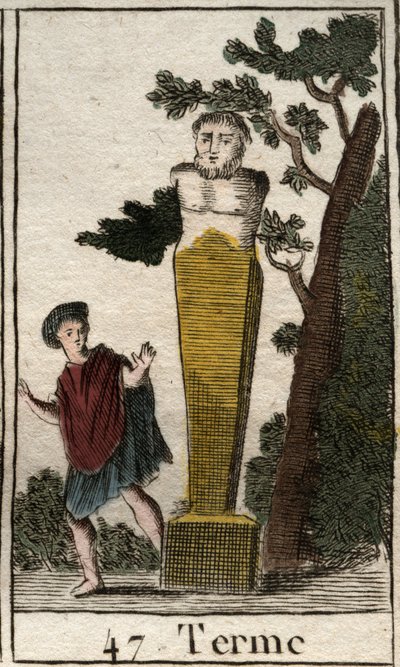 Darstellung des Gottes Terme, in Form eines Terminals, um Besitz und Land zu markieren. Aus „Mythologie de la jeunesse“ von Pierre Blanchard 1803. von French School
