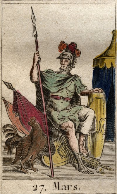 Darstellung des Kriegsgottes Mars, bewaffnet, neben einem Hahn. Aus „Mythologie de la jeunesse“ von Pierre Blanchard 1803. von French School
