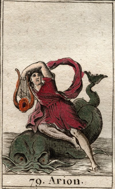 Darstellung des legendären griechischen Dichters Arion von Methymne, der die Delfine mit seiner Kithara bezaubert. Aus „Mythologie der Jugend“ von Pierre Blanchard 1803 von French School