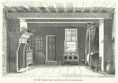 Zimmer im Hotel de France in St. Malo, Bretagne, in dem der französische Schriftsteller und Politiker Francois-Rene de Chateaubriand geboren wurde von French School