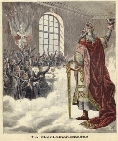 Der heilige Karl der Große erhebt einen Kelch zu sitzenden Gästen von French School