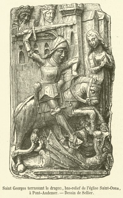 Sankt Georg, der den Drachen tötet, Flachrelief der Kirche Saint-Ouen in Pont-Audemer (Stich) von French School
