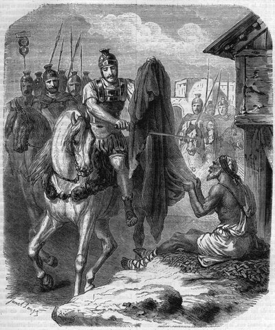 Sankt Martin von Tours (Saint-Martin-de-Tours, ca. 316-397) teilt seinen Mantel, um ihn einem armen Mann zu geben. Gravur in „Histoire des papes-rois-reines-et-empereurs à travers les siècles“ von Maurice Lachatre von French School
