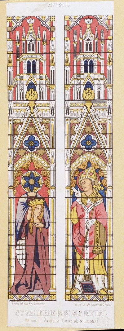 Heilige Valerie, Jungfrau und Märtyrerin in Limoges (3. Jahrhundert) und Heiliger Martial, Bischof von Limoges (3. Jahrhundert), Schutzpatrone von Aquitanien. Faksimile, das die Glasfenster der Kathedrale von Limoges reproduziert. von French School