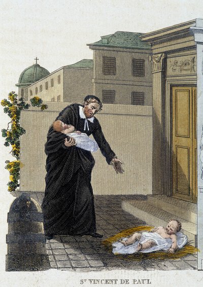 Saint Vincent de Paul empfängt verlassene Kinder vor der Kirche von French School