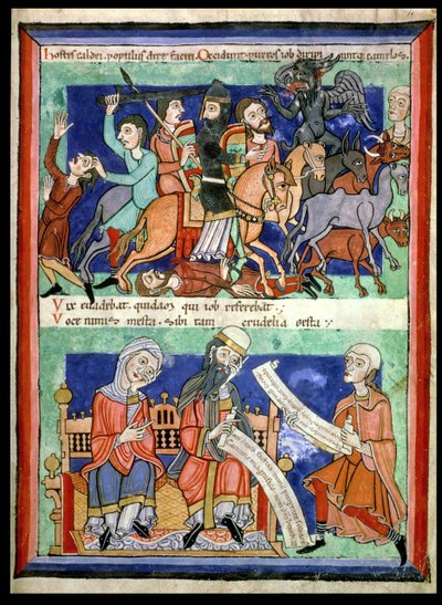 Satan, bewaffnet mit einer Fackel, tötet zwei Hirten und ihre Herde und ein Hirte verkündet die Nachricht an Hiob, aus Moralia in Job von Papst Gregor dem Großen von French School