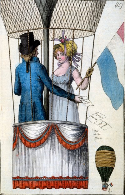 Zweiter Flug von Garnerin mit Citoyenne Henri aus Parc Monceau, 8. Juli 1798, aus Costumes Parisiens, ca. 1798 von French School
