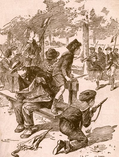 Kleine Jungen spielen Kriegsspiele in Frankreich während des Ersten Weltkriegs. Aus Agenda Buvard du Bon Marche, veröffentlicht 1917. von French School