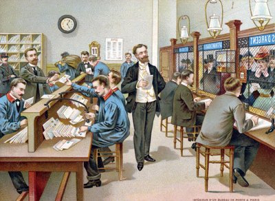 Sortierung der Post in einem Pariser Postamt, Illustration aus einem Postkalender, 1904 von French School