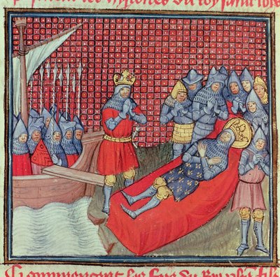 St. Louis stirbt an der Pest am 25. August 1270 während des Kreuzzugs gegen Tunis, aus dem Manuskript 