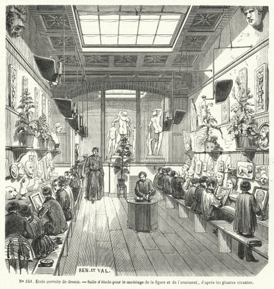 Schüler in einer Klasse einer freien Zeichenschule, Frankreich (Stich) von French School