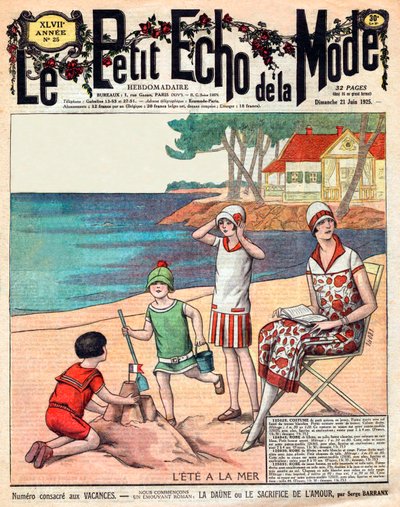 Sommer am Meer, Frau mit ihren drei Kindern am Strand von French School