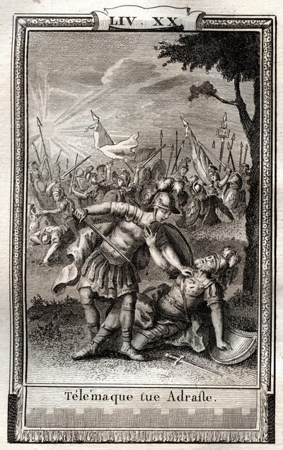 Telemachus tötet Adraste - Gravur von 1798 von Monnet in „Les Aventures de Télémaque, fils d