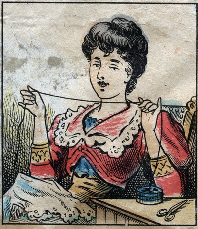 Textil, Leinen. Frau benutzt Kapseln, um Nähfäden zu verwenden. Gravur. Epinal-Bild Ende des 19. Jahrhunderts. von French School