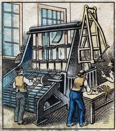 Textil, Leinen: die Werkstatt. Kamm, um das Leinen zu entfernen und zu glätten, das durch das Zeichnen in immer dünnere Bänder verwandelt wird. Gravur. Epinal-Bildgebung Ende des 19. Jahrhunderts. von French School