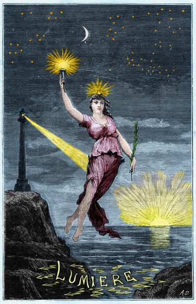 Die Allegorie des Lichts - Gravur in "Sciences made available to everyone - physics and chemistry" von Alexis Clerc - Ende 19. Jahrhundert - Privatbesitz von French School