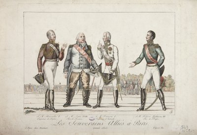 Die alliierten Herrscher in Paris, 1815, Alexander I., Kaiser von Russland, Ludwig XVIII., König von Frankreich, Franz I., Kaiser von Österreich und Friedrich Wilhelm III., König von Preußen, veröffentlicht von Martinet von French School