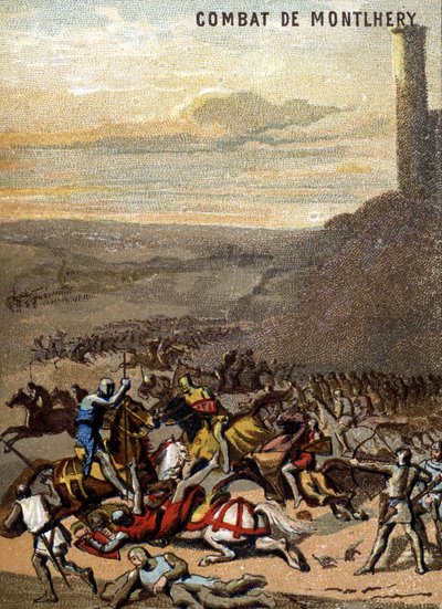 Die Schlacht von Montlhery (1227): Die Königreiche und die Feudalität - Blanche de Castille, Regentin ihres Sohnes Ludwig IX., unterdrückt den Aufstand der großen Feudalherren. Chromolithographie der Serie Patriotische Erziehung durch Bild von French School