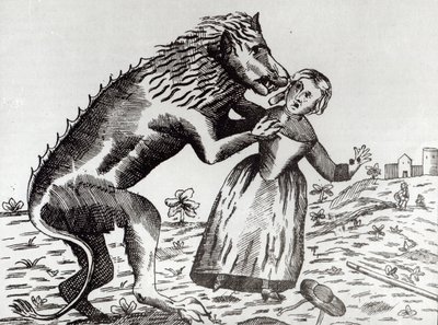 Das Biest von Gévaudan greift ein junges Mädchen an von French School