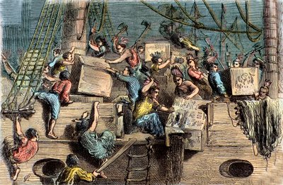 Die Boston Tea Party, 6. Dezember 1773 von French School