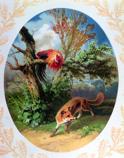 Der Hahn und der Fuchs, Illustration nach der Fabel von Jean de la Fontaine, ca. 1860-80 von French School