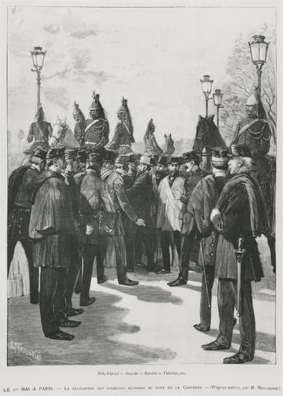 Die Delegation der Gewerkschaften an der Pont de la Concorde während der Demonstration zum 1. Mai in Paris, 1. Mai 1890, graviert von L. Moulignie von French School