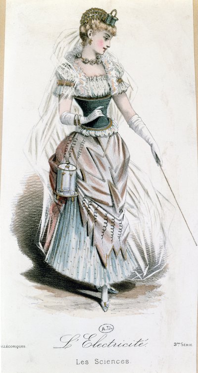 Die Elektrizitätsfee, Kostüm für einen Kostümball mit Batterie, ca. 1885 von French School