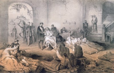 Der Kaiser Napoleon III. besucht verwundete Soldaten nach der Schlacht von Solferino, 24. Juni 1859 von French School