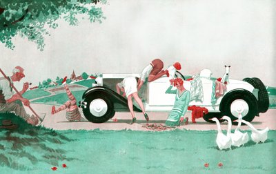 Der verhängnisvolle Zusammenbruch - Wenn der Landwirtschaft die Arme fehlen, fehlen dem Automobil nicht die Beine - Illustration aus la Vie Parisienne von French School